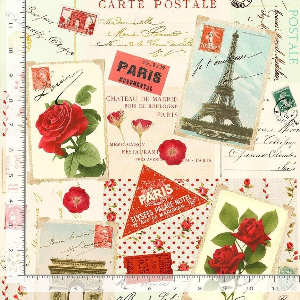  TIMELESS TREASURES VINTAGE POSTCARDS. ROSES SCRIPT PARIS FABRIC CD 2201